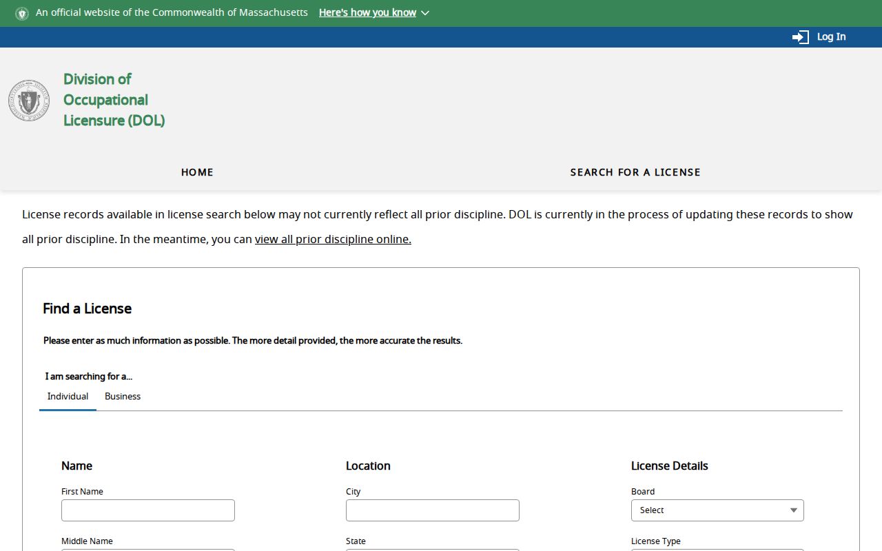 Winchester resident lookup Massachusetts occupational license search